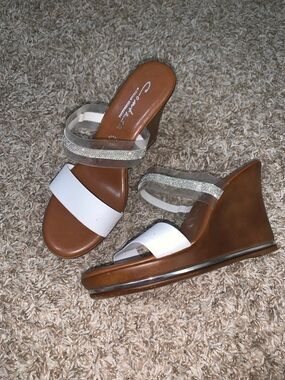 Contesa Italian Shoemakers White & Brown Wedge Summer Sandals Clear Strap 7.5